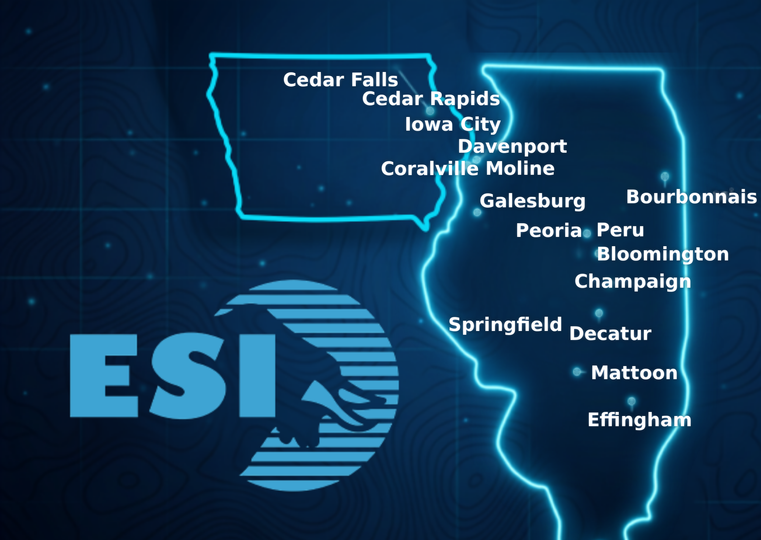 ESI service area map of Iowa and Illinois marking Cedar Falls, Cedar Rapids, Iowa City, Coralville, Davenport, Moline, Galesburg, Peoria, Peru, Bourbonnais, Bloomington, Champaign, Springfield, Decatur, Mattoon and Effingham
